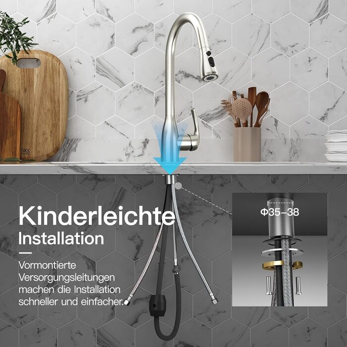 Кухонний змішувач Rainsworth з висувною лійкою та душем, високопродуктивний, з двома типами струменя, поворотний на 360°, з нержавіючої сталі, проста установка, висота 56 см