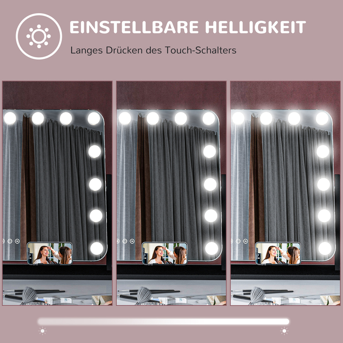 HOMCOM LED Makeup Mirror with 3 Light Modes, Dimmable, Touch Control, USB Powered, 24.4 x 19.5 inches, Black