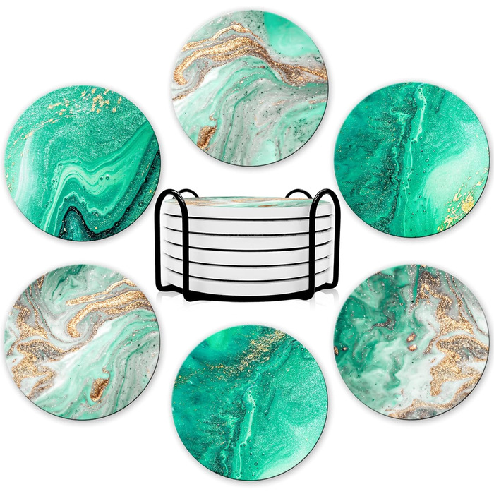 Dooke Coasters for Drinks, round, absorbent ceramic stone coasters with cork base, fun turquoise marble drink coasters