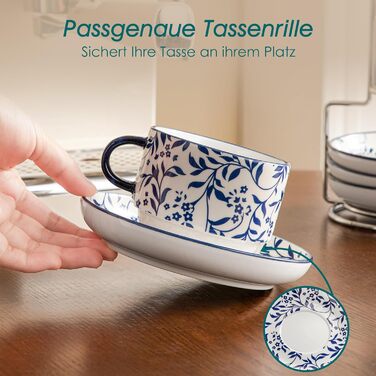 Набір чашок для еспресо Vancasso SELENE: 4 шт., з підставкою та стійкою, блакитно-білий вінтажний дизайн, порцеляна, для кави, капучино, лате та чаю