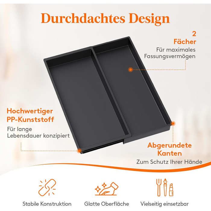 Органайзер для столових приладів Lifewit в шухляду, розширюваний (43.9 см), чорний, 40 см глибина, для кухні, ложок, ножів, лопаток