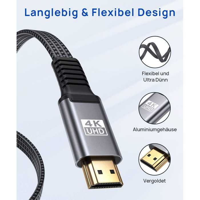 Кабель HDMI JSAUX 4K 3 метри (4K@60Hz, HDMI 2.0, 18Gbps) - Плоский, нейлонова обплітання, High Speed, сірий. Підтримка HDR, UHD 2160p, 1080p, 3D, Ethernet, ARC для PS3/4, TV, PC