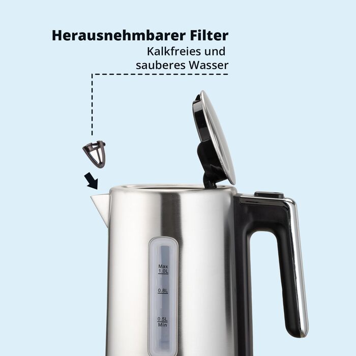 Набір для сніданку KHG: чайник та тостер, нержавіюча сталь, сріблястий, об'єм 1 л, 2 слоти, точний вилив, поворотний на 360°, 6 рівнів підсмажування, функції підігріву, розморожування та для багелів, з підспівачем для крихт