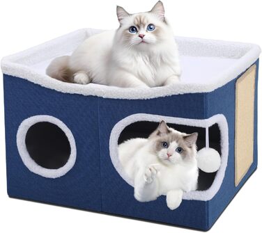 Шика Катценхаус: Розкладна котяча кімната для великих котів, 40x40x63 см, котячий куб, роздільна на 2 кімнати з хованкою, ліжко для котів з когтеточкою та іграшкою (Великий, Синій)