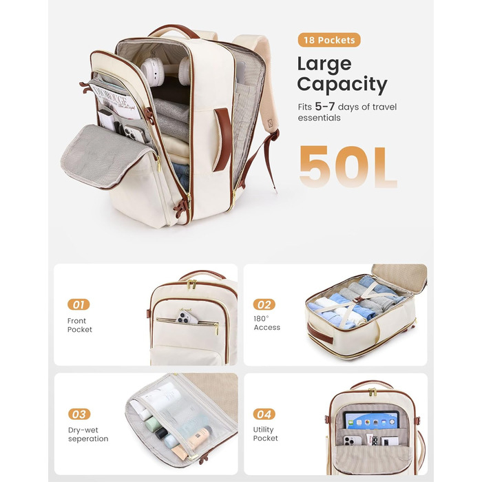 Чорний дорожній рюкзак OVEVOOK для ручної поклажі літака, 40 л, для ноутбука 17,3