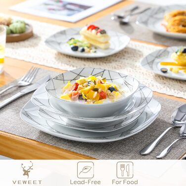 VEWEET Сервіз столовий 'Serena' з порцеляни, 24 елементи | 6 тарілок для сніданку, десерту, їжі та супу | Сервіз для 6 осіб, ресторану, сім'ї, білий