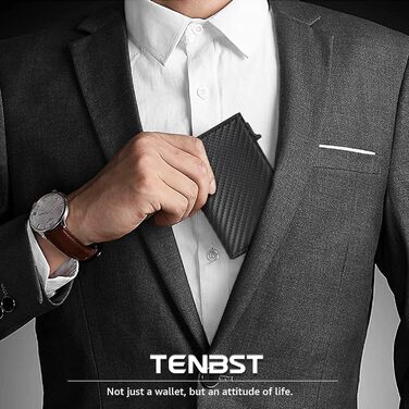 Чоловічий гаманець TENBST - картхолдер ультратонкий з RFID захистом, 10 відділень для карток, вікно для ID, преміум карбон, чорний