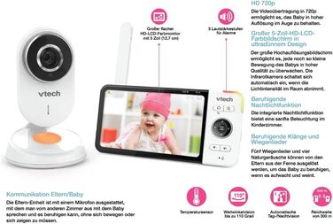 Vtech VM901-1W WiFi камера, дитячий відеомонітор з 5-дюймовим HD-дисплеєм, поворотна камера 1080P, мобільний додаток, широкий кут огляду 120°, сумісність з iOS та Android