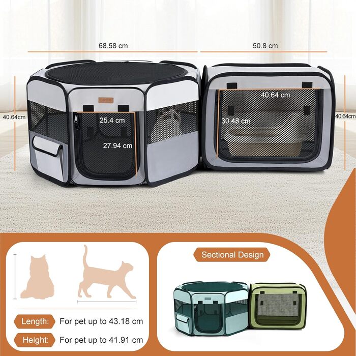 Складаний вольєр для цуценят та котів 120x40 см - 2-в-1, сірий та білий, для дому та вулиці, з сумкою для перенесення, для кошенят, цуценят та дрібних тварин