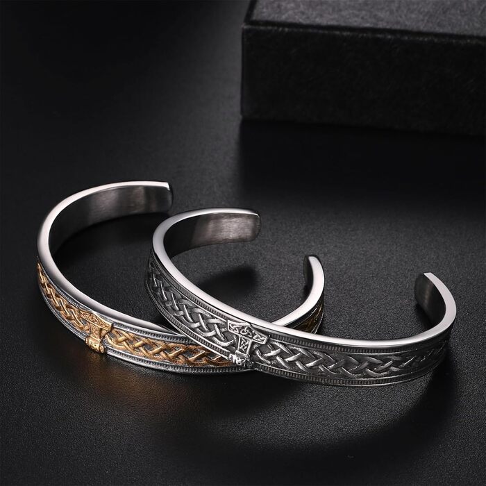 Чоловічий браслет JewelryWe з нержавіючої сталі з вовком, плетіння, стиль вікінг/байкер, відкритий браслет, срібло/золото/чорний, еластичний, набір 2 шт. (Молот Тора)