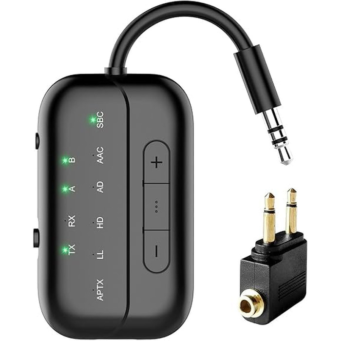 Bluetooth 5.4 адаптер 2-в-1 (передавач та приймач) Pro 2026, бездротовий аудіо-адаптер для ТБ, ПК, авто та Nintendo Switch, підтримка 2-х навушників, AUX, чорний