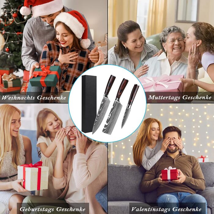 Набір кухонних ножів Camkum 3 шт: кухонний ніж, ніж Nakiri, ніж для фруктів. З нержавіючої сталі EN1.4116, подарункова упаковка