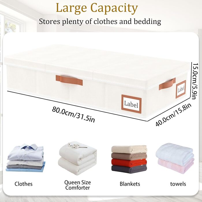 Yawinhe 2-Pack Under Bed Storage Box, Clothes Storage with Lid, Foldable Storage Bag with Carrying Handles, for Bedspreads, Blankets, Clothes, 60x30x15cm, (80x40x15cm/2-Pack, Beige)
