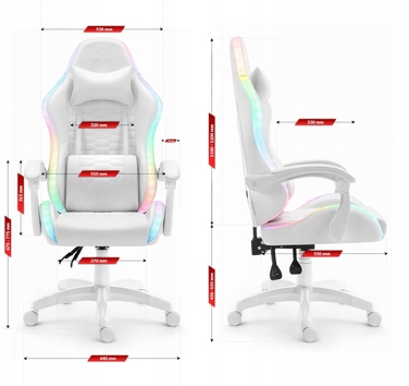 Ігрове крісло Hell's Chair HC-1000 White LED RGB, екошкіра, біле