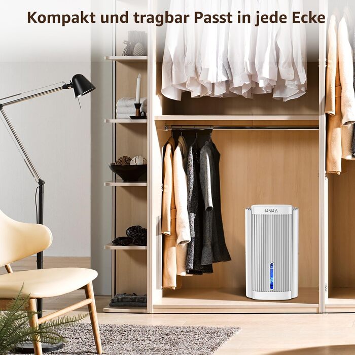 Електричний осушувач повітря KNKA, 1.1 л, тихий (28dB), для дому, ванної, підвалу, з автовимкненням та нічним режимом, кольорове нічне підсвічування (білий)