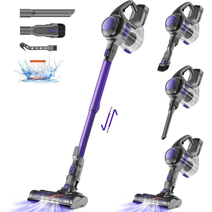 Бездротовий пилосос 40000Pa з потужним безщітковим мотором 450W, HEPA-фільтр x2, контейнер 1.6L, антизаплутувальна щітка для шерсті тварин, килимів та твердих підлог, час роботи 50 хв