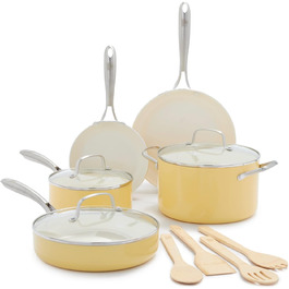 Набір посуду GreenLife Artisan Healthy Ceramic Nonstick, 12 предметів, з нержавіючою сталі, без PFAS, придатний для миття в посудомийній машині, для духовки, жовтий