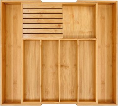 VaeFae Bamboo Cutlery Box for Drawers, Expandable Drawer Organizer Kitchen, Cutlery Insert for Drawers with Knife Block, Adjustable Wooden Cutlery Box