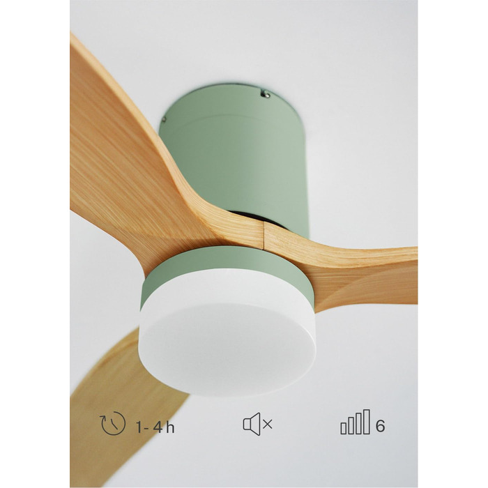 Вентилятор стельовий WINDCALM M з підсвіткою, Wi-Fi та пультом ДУ, 132 см, 40W, світлодіодне освітлення (3 температури), шалфейно-зелений, дерев'яні лопаті