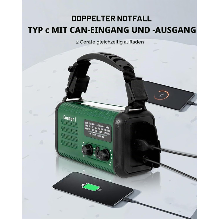Радіо Kurbelradio 20000mAh сонячне з ручним заводом, AM/FM, SOS, LED-ліхтарик, USB зарядка для телефону, аварійне живлення, зелений
