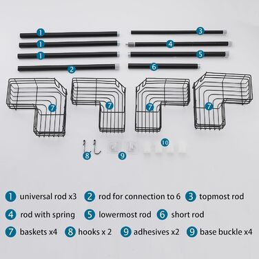 FIISAYL Shower Shelf No Drilling Telescopic Shower Shelf Metal Corner Shelf Bathroom Shelf with 4 Shower Baskets, Height Adjustable 85-325cm, Suitable for Bathtub Bathroom and Kitchen, Black
