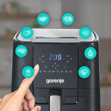 Аерофритюрниця Gorenje AF1350DWB, 1350 Вт, чаша 5.4 л з вікном, 8 автоматичних програм, антипригарне покриття, LED-дисплей, чорна