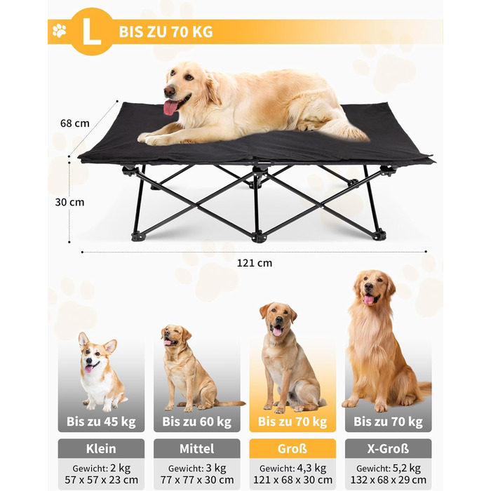 КінгКемп лежанка для собак, піднята лежанка для домашніх тварин, лежанка для собак на відкритому повітрі, чорна, 57 x 57 x 23 см (126 x 66 x 33 см)