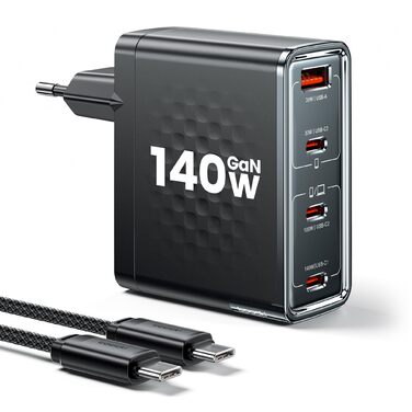 Зарядний пристрій USB-C toocki 140W GaN з 4 портами (USB-C + USB-A) PD3.1 для iPhone, MacBook, Samsung та інших пристроїв