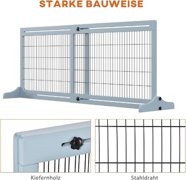 PawHut Wooden Pet Gate - Extendable Dog Barrier with Footrest, Freestanding Baby/Pet Gate, Stairway Gate, Fireplace/Oven Gate, Gray Blue, 104-183 x 36 x 69 cm