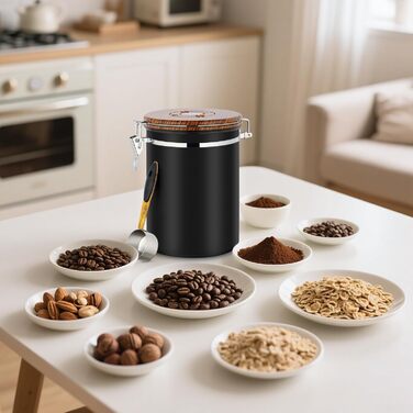 Каньора для кави 1 кг, нержавіюча сталь з дерев'яним декором, вакуумна каністра з CO2-клапаном, мірна ложка та індикатор дати, для кави, горіхів, какао