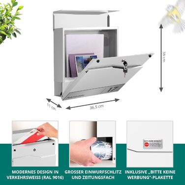 Поштова скринька біла з газетницею TRELLEBORG (RAL 9016), персоналізована, з цинкової сталі з іменем сім'ї, вулицею та номером будинку + комплект для монтажу (2 прізвища + вулиця + номер)