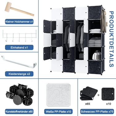 NAIZY Wardrobe Black DIY Plastic Shelf System Clothes Closet Storage Shelf Plug-in Shelf System with Door Plastic Cabinet (16 Cubes, with 2 Clothes Rods) (20 Cubes, with 2 Clothes Rods)
