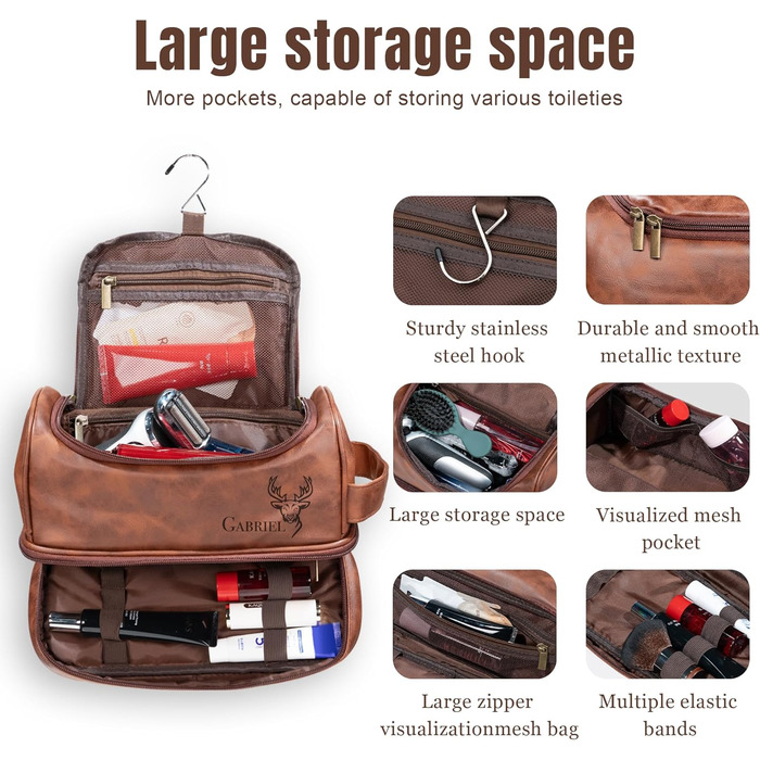 Чоловіча косметичка Easycosy з лазерним гравіюванням імені, з можливістю підвішування, з натуральної шкіри, червоно-коричневого кольору, двошарова