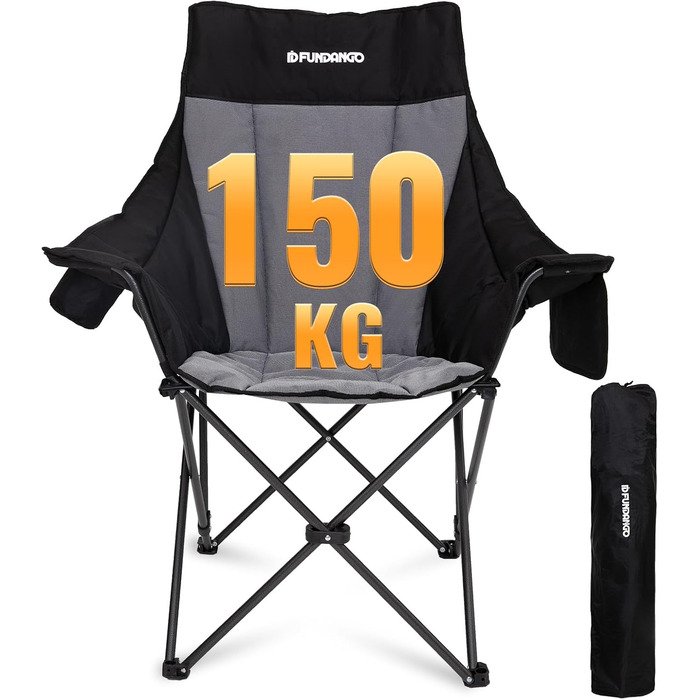 Складний туристичний стілець Fundango 150 кг, великий стілець для кемпінгу з високою спинкою, комфортний з підлокітниками для саду, відпочинку на природі, риболовлі, дача