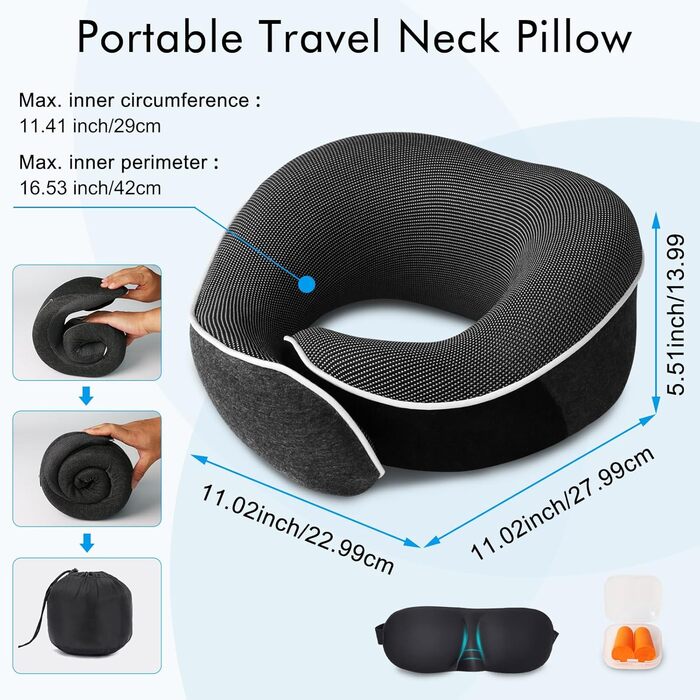 Подушка для шиї Milado для подорожей у літаку, з піною з пам'яті, комплект з масками для очей (темно-сірий)