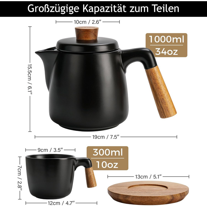 Набір для чаю Miamio: чайник 1 л з ситечком та 4 чашки (300 мл), підставка з бамбука. Кераміка, білий/чорний