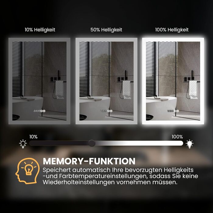 Дзеркало для ванної кімнати AQUABATOS з підсвічуванням 100x70 см LED, антизапар, сенсорне керування, 3 кольори світла, регулювання яскравості