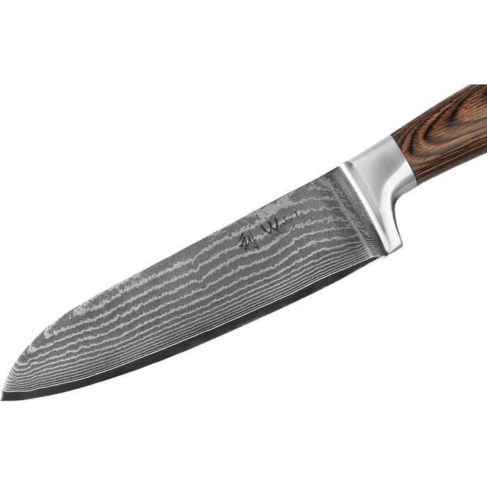 Ніж Santoku Wakoli EDIB Damast I 17 см, лезо з 67 шарів з VG10-сталі, з ручкою з паккавуду. Професійний кухонний ніж з дамаської сталі в подарунковій коробці, без гравіювання.