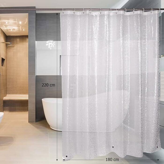 Шторка для душу WELTRXE Anti-Schimmel з вантажем та магнітом, 120x180 см, водонепроникна, антибактеріальна, EVA, для дітей, 3D-малюнок каменю, 8 кілець (прозорі), для ванни та душу