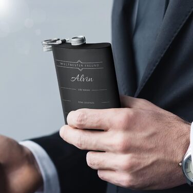 Набір Maverton Flachmann Set: фляга 200 мл з гравіюванням + 4 склянки для шнапсу 20 мл з воронкою - чорна фляга для чоловіків (Дружба)