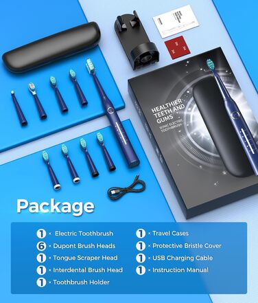 Електрична зубна щітка Demita зі звуковими коливаннями, 8 насадок, 40000 VPM, 5 режимів, швидка зарядка (30 днів роботи), чохол для подорожей (S1, 5-deepblue)
