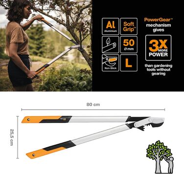 Fiskars PowerGear X Bypass Pruning Shears for Fresh Wood, Non-Stick Coated, Hardened Precision Steel, Length: 80 cm, Black/Orange, LX98-L, 1020188