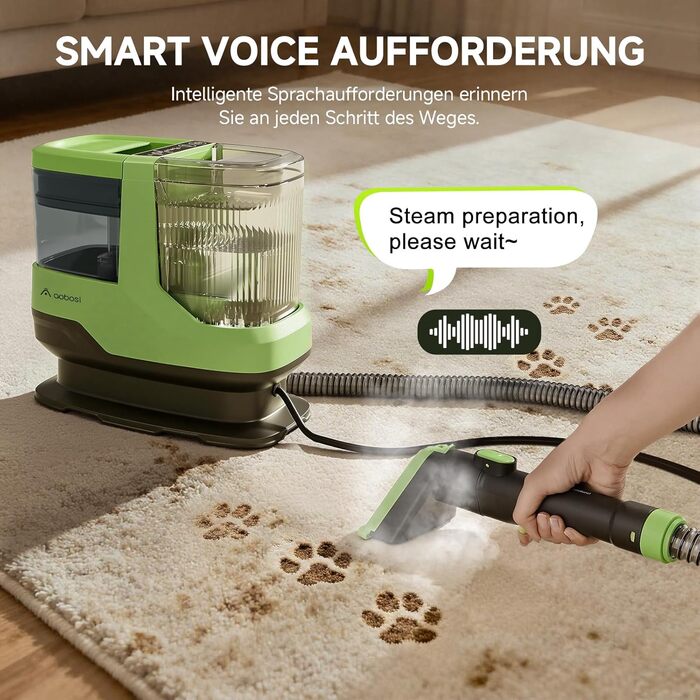 Пристрій для чищення м'яких меблів з гарячою парою та 17KPa - 1800W миючий пилосос для килимів, диванів, автомобілів та сходин - з голосовим управлінням та самоочищенням - 4 насадки, зелений середнього розміру