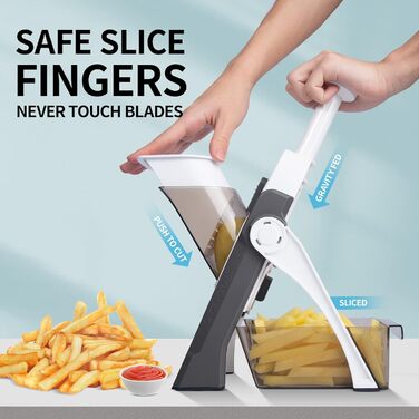 QYKIC Vegetable Slicer, ONCE FOR ALL Adjustable Vegetable Grater Mandoline Vegetable Slicer Potato Slicer Onion Slicer made of Plastic Grey, Stainless Steel