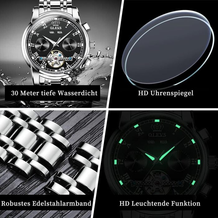 Годинник чоловічий OLEVS автоматичний золотий чорний механічний на зап'ястя з турбійоном, календарем, водонепроникний, світлодіодна, двоколірна модель для чоловіків (срібло/чорний)
