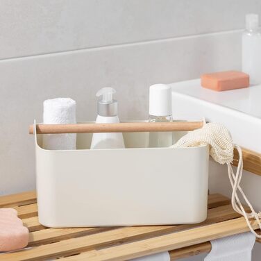 Navaris Storage Box with Wooden Handle - 2 Compartment Box Organizer for Bathroom Kitchen - Basket Storage for Cutlery Cleaning Supplies Portable Small - Cream White