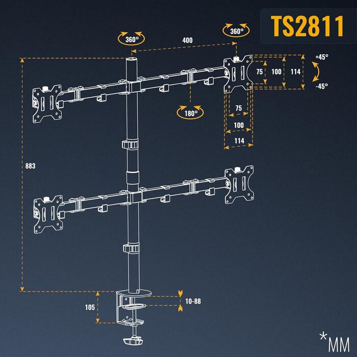 Кронштейн для двох моніторів RICOO TS5811, подвійний навіс для комп'ютерних екранів 13-27 дюймів, настільний тримач для PC та Gaming моніторів