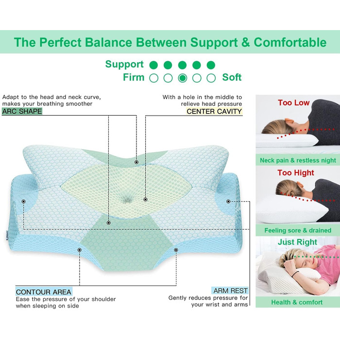Elviros Orthopedic Memory Foam Pillow, Side Sleeper Pillow Neck Support Pillow, Head Pillow Neck Pain, Ergonomic Sleeping Pillow for Neck and Shoulder Pain, 53.8x11/9x33cm, Blue Blue 54 x 11/9 x 33 cm