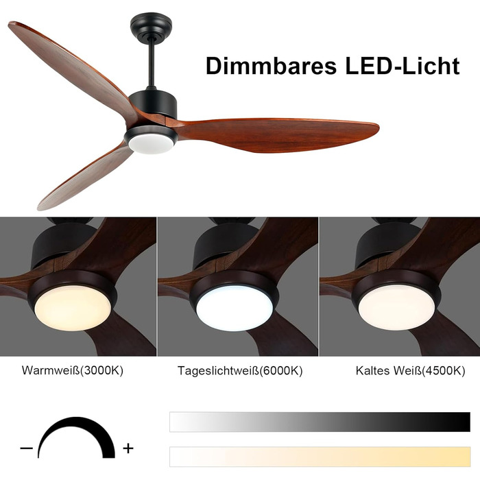 Стеляний вентилятор Ovlaim з підсвічуванням та пультом керування, тихий DC мотор, 3 лопаті, Smart, для вітальні/спальні, натуральний & срібний (колір: коричневий, діаметр: 165 см)