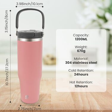 Термокружка-пляшка Riley Joy 2.0 з нержавіючої сталі 1л з трубочкою та ручкою - для кави, напоїв, в дорогу - рожева
